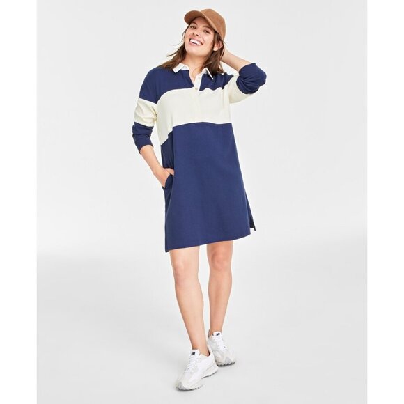 On 34th Womens Size Large Long Sleeve Colorblocked Rugby Dress in Blue/Cream $59 - Picture 1 of 7